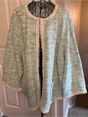 Alfred Dunner Mint Green Tweed Pearl-Trim Open Cardigan